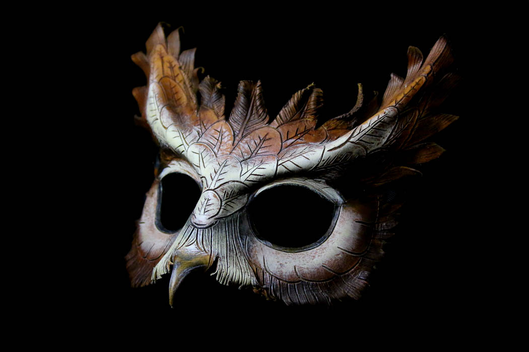 custom hand carved leather owl mask by Cashman Custom Leather